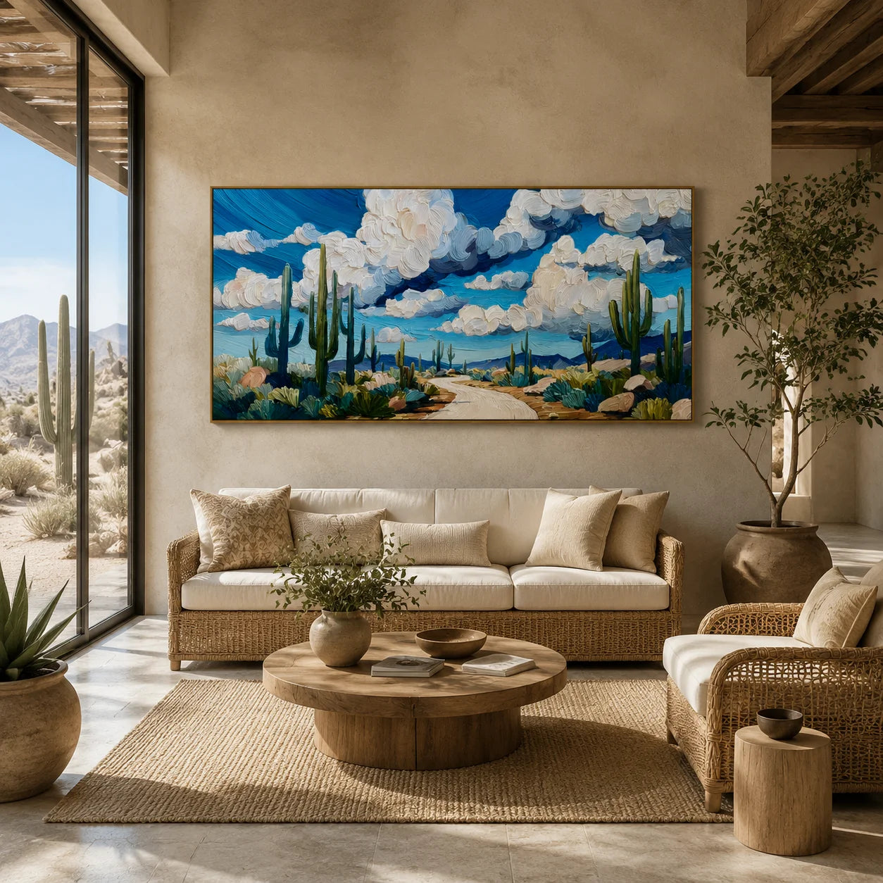 Ownanart Original Hand-Painted Southwestern Desert Cactus Landscape Oil Painting, Large Horizontal Blue Sky and Cloud Textured Canvas Wall Art for Living Room and Bedroom Decor # OA 1238
