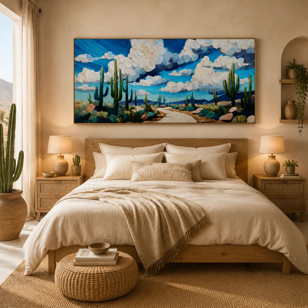 Ownanart Original Hand-Painted Southwestern Desert Cactus Landscape Oil Painting, Large Horizontal Blue Sky and Cloud Textured Canvas Wall Art for Living Room and Bedroom Decor # OA 1238