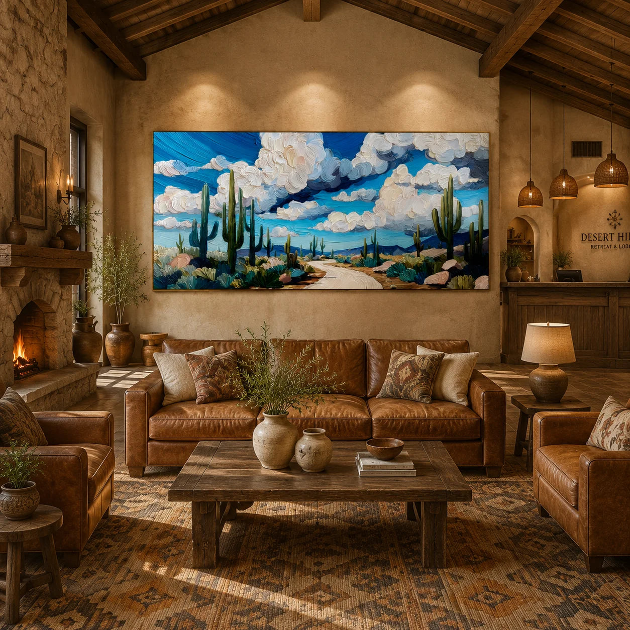 Ownanart Original Hand-Painted Southwestern Desert Cactus Landscape Oil Painting, Large Horizontal Blue Sky and Cloud Textured Canvas Wall Art for Living Room and Bedroom Decor # OA 1238