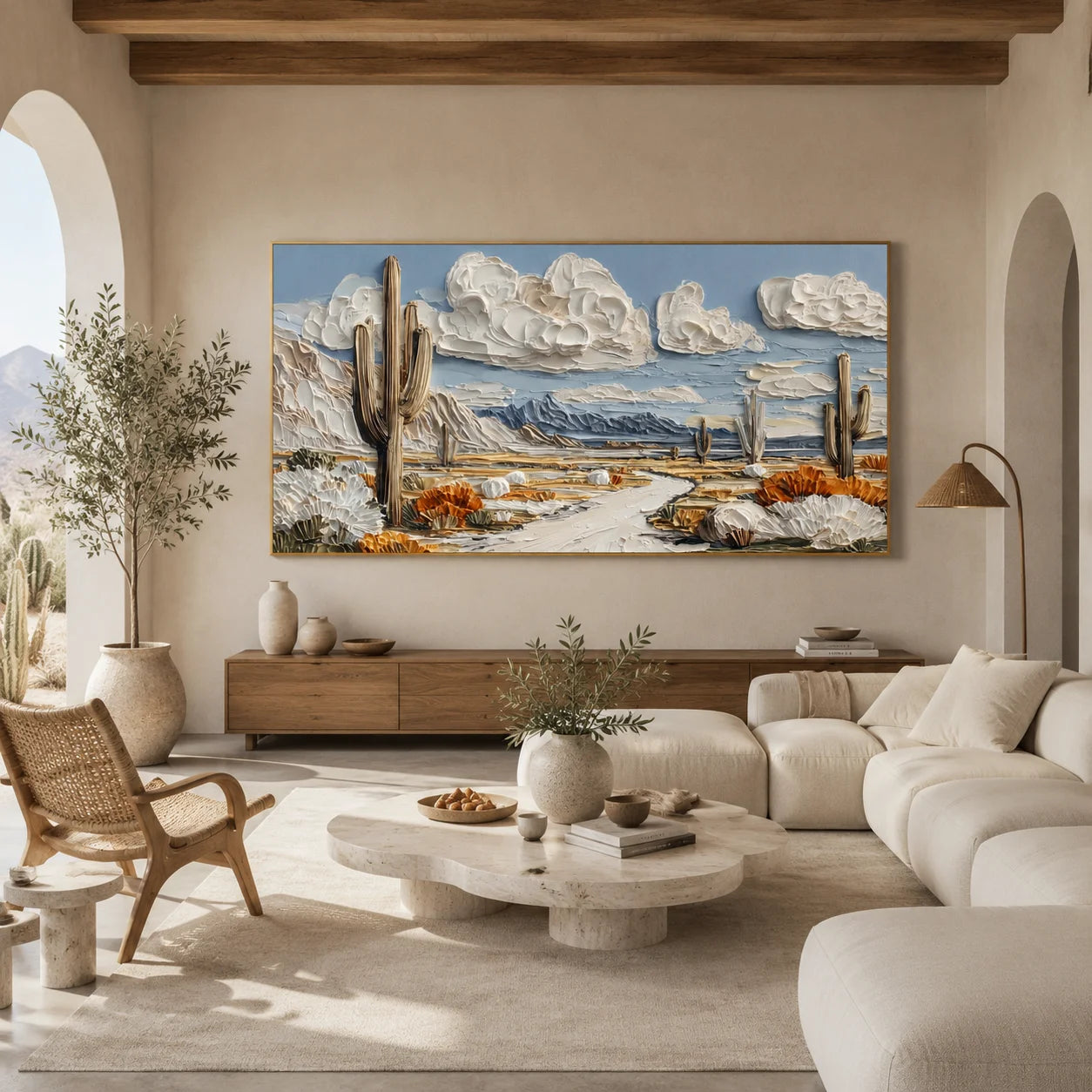 Ownanart Original Hand-Painted Southwestern Desert Cactus Landscape Oil Painting, Large Horizontal Textured Impasto Canvas Wall Art for Living Room and Bedroom Decor # OA 1230