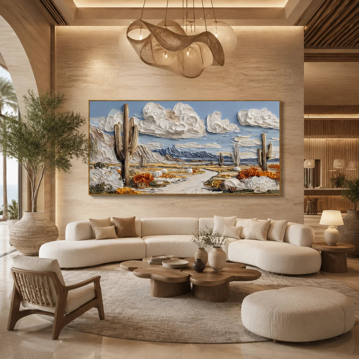 Ownanart Original Hand-Painted Southwestern Desert Cactus Landscape Oil Painting, Large Horizontal Textured Impasto Canvas Wall Art for Living Room and Bedroom Decor # OA 1230