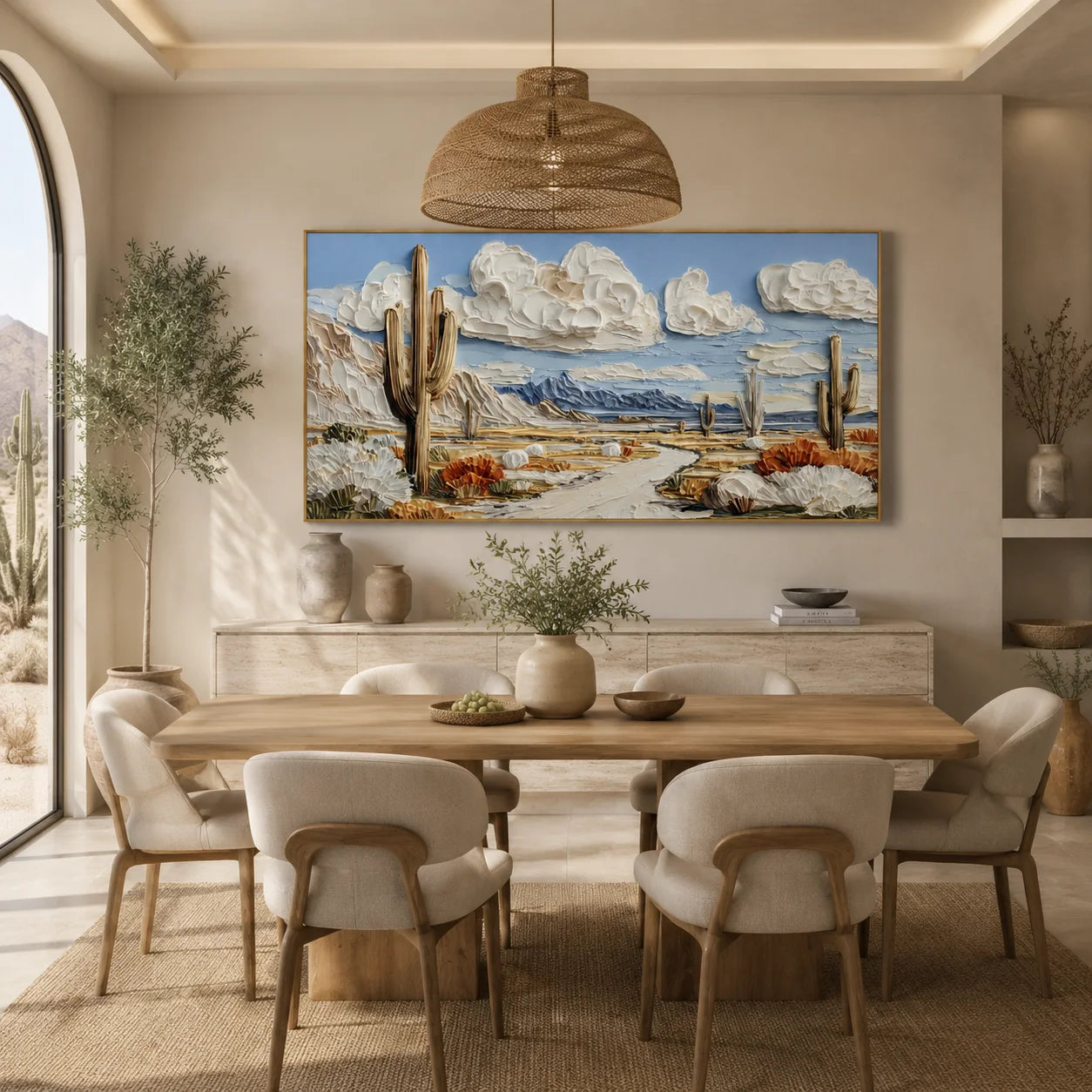 Ownanart Original Hand-Painted Southwestern Desert Cactus Landscape Oil Painting, Large Horizontal Textured Impasto Canvas Wall Art for Living Room and Bedroom Decor # OA 1230