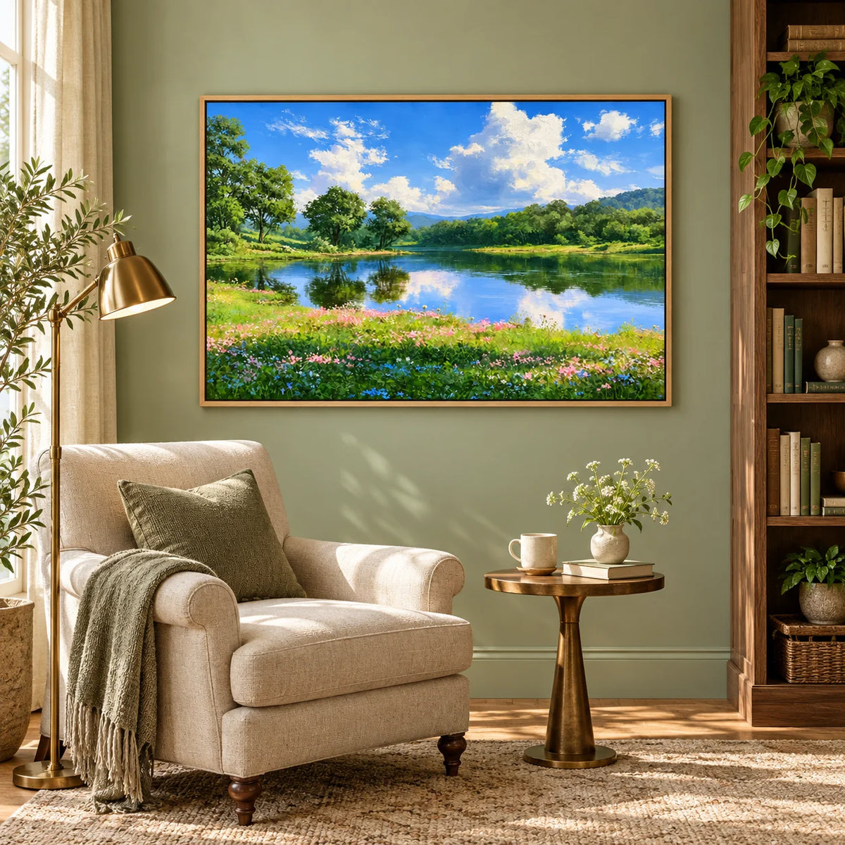 Ownanart Original Hand-Painted Summer Lake Landscape Oil Painting – Blue Sky, White Clouds, Green Forest Reflections & Wildflower Meadow Wall Art