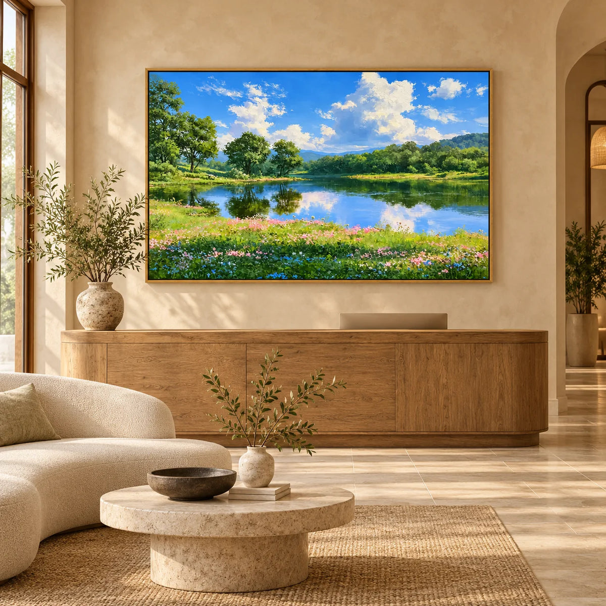 Ownanart Original Hand-Painted Summer Lake Landscape Oil Painting – Blue Sky, White Clouds, Green Forest Reflections & Wildflower Meadow Wall Art