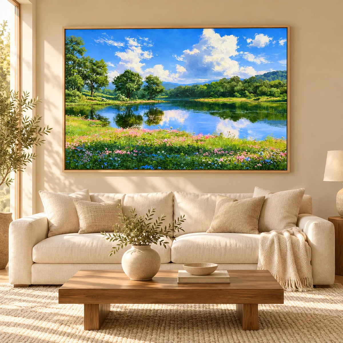 Ownanart Original Hand-Painted Summer Lake Landscape Oil Painting – Blue Sky, White Clouds, Green Forest Reflections & Wildflower Meadow Wall Art