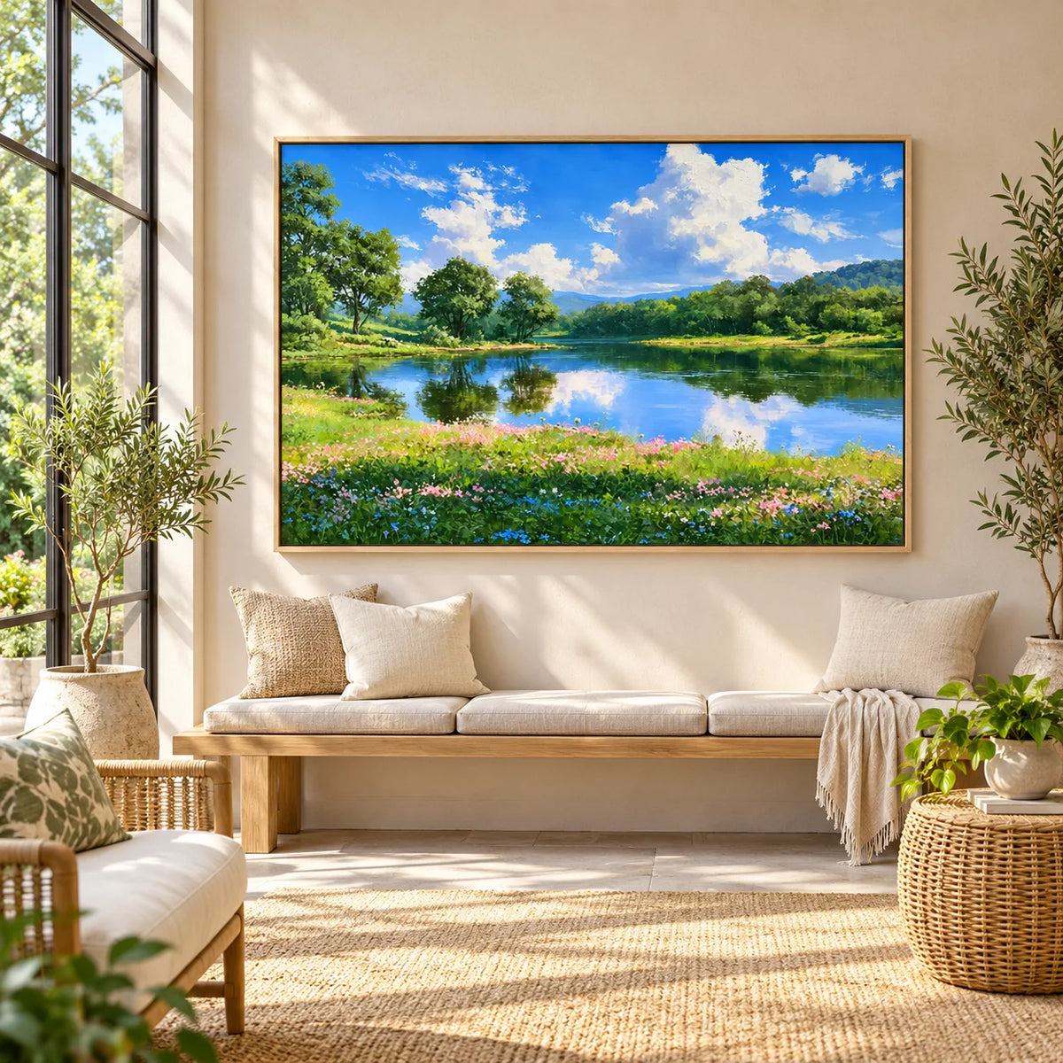 Ownanart Original Hand-Painted Summer Lake Landscape Oil Painting – Blue Sky, White Clouds, Green Forest Reflections & Wildflower Meadow Wall Art