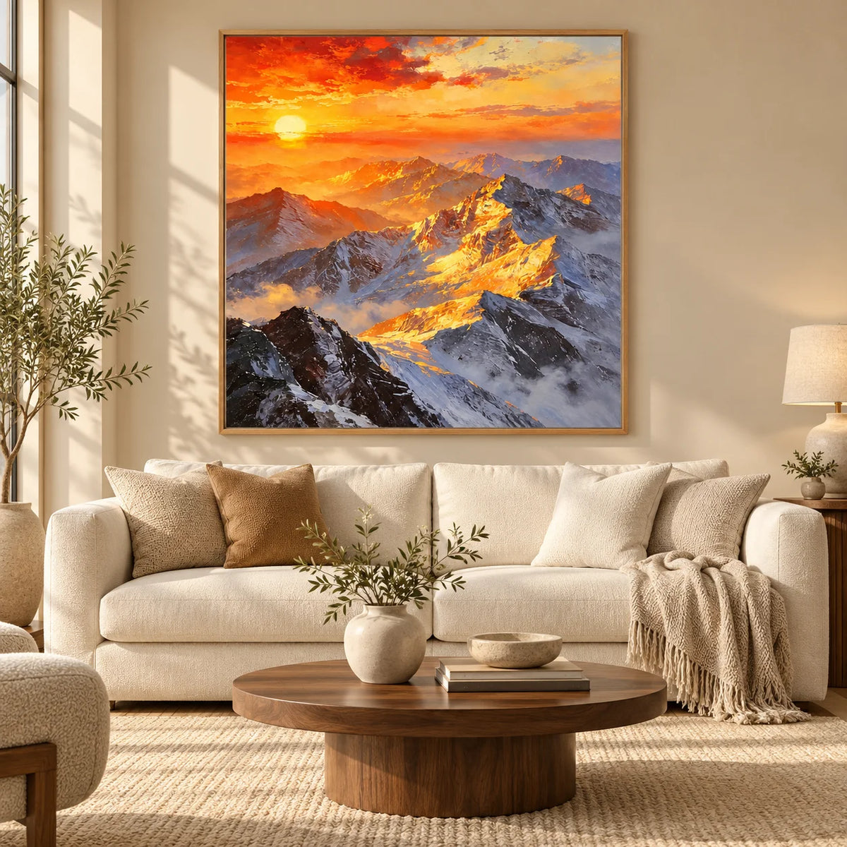 Ownanart Original Hand-Painted Sunset Mountain Landscape Oil Painting | Golden Sunlit Snow Mountain Nature Artwork | Dramatic Alpine Wall Art for Living Room & Bedroom Decor