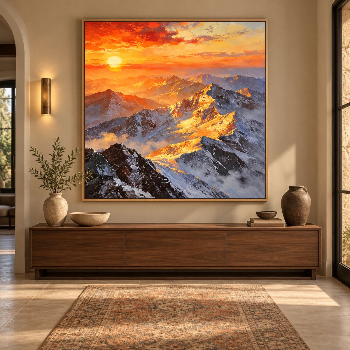 Ownanart Original Hand-Painted Sunset Mountain Landscape Oil Painting | Golden Sunlit Snow Mountain Nature Artwork | Dramatic Alpine Wall Art for Living Room & Bedroom Decor