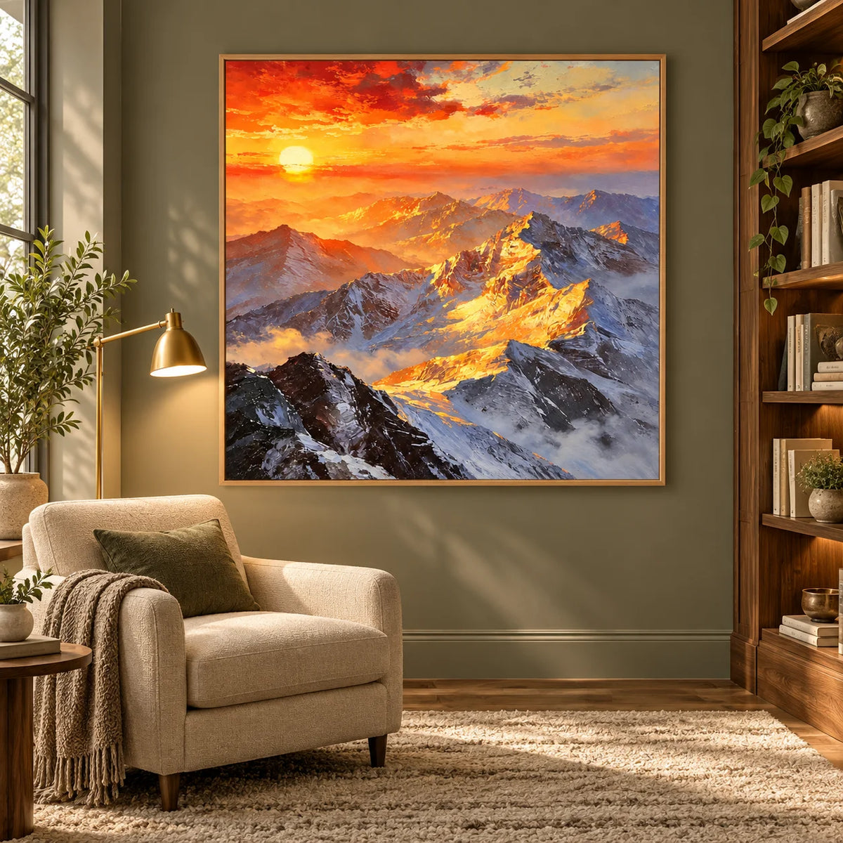 Ownanart Original Hand-Painted Sunset Mountain Landscape Oil Painting | Golden Sunlit Snow Mountain Nature Artwork | Dramatic Alpine Wall Art for Living Room & Bedroom Decor