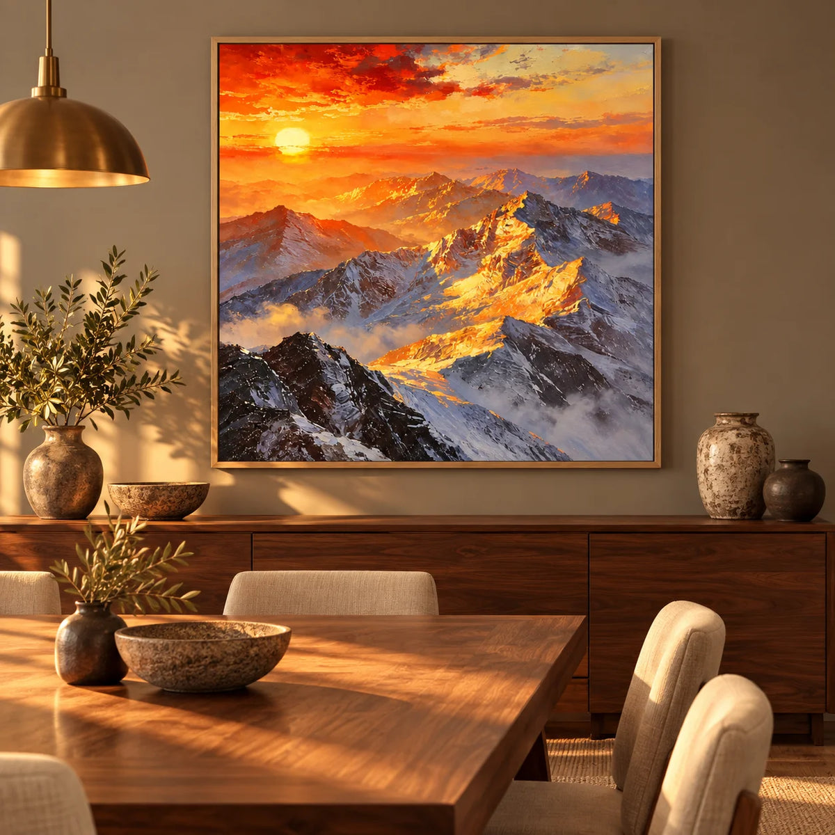 Ownanart Original Hand-Painted Sunset Mountain Landscape Oil Painting | Golden Sunlit Snow Mountain Nature Artwork | Dramatic Alpine Wall Art for Living Room & Bedroom Decor