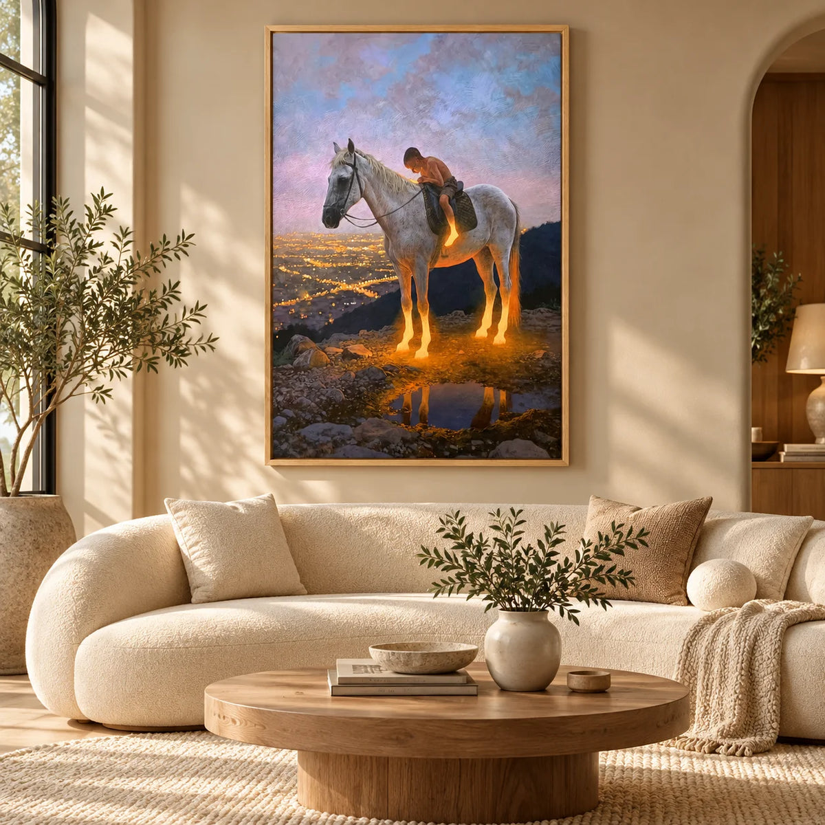 Ownanart Original Hand-Painted Western Boy Riding White Horse Landscape Oil Painting | Sunset Valley Equestrian Artwork | Rustic Nature Wall Art for Living Room & Bedroom