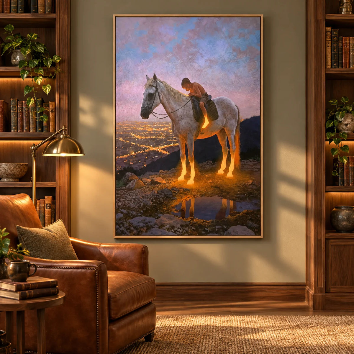 Ownanart Original Hand-Painted Western Boy Riding White Horse Landscape Oil Painting | Sunset Valley Equestrian Artwork | Rustic Nature Wall Art for Living Room & Bedroom