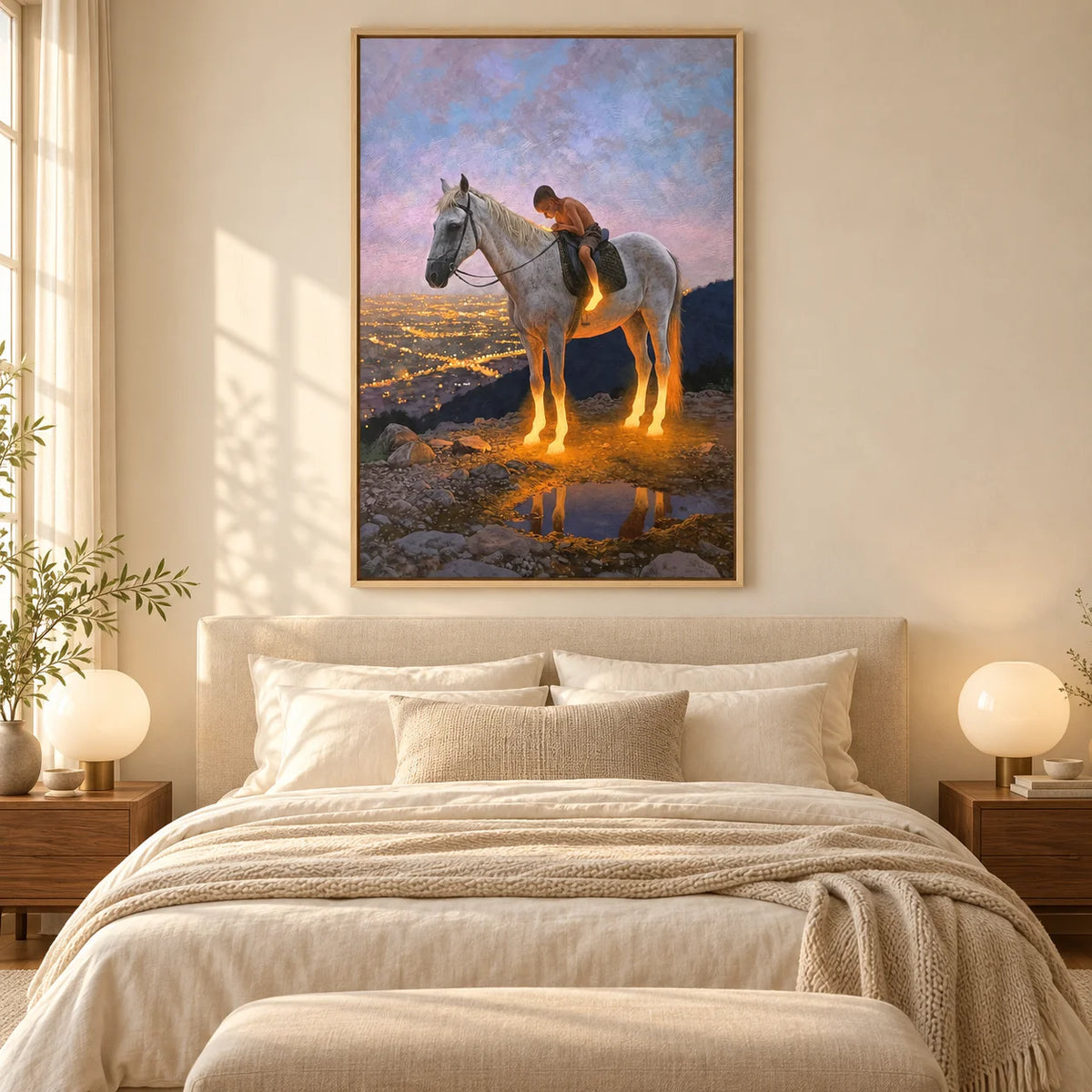 Ownanart Original Hand-Painted Western Boy Riding White Horse Landscape Oil Painting | Sunset Valley Equestrian Artwork | Rustic Nature Wall Art for Living Room & Bedroom