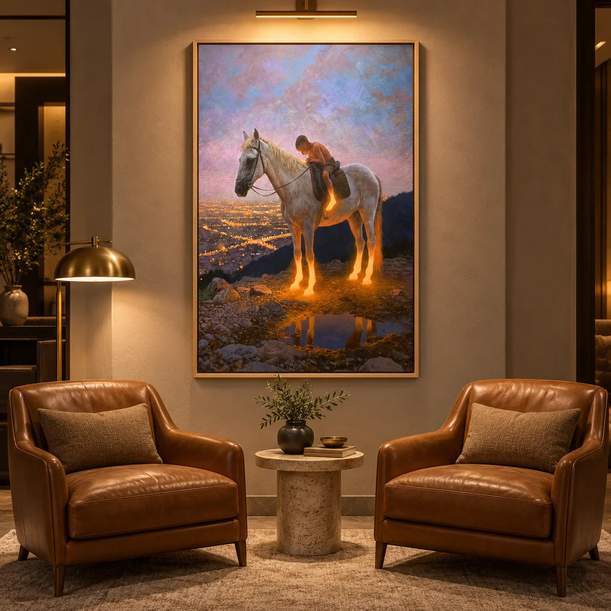 Ownanart Original Hand-Painted Western Boy Riding White Horse Landscape Oil Painting | Sunset Valley Equestrian Artwork | Rustic Nature Wall Art for Living Room & Bedroom