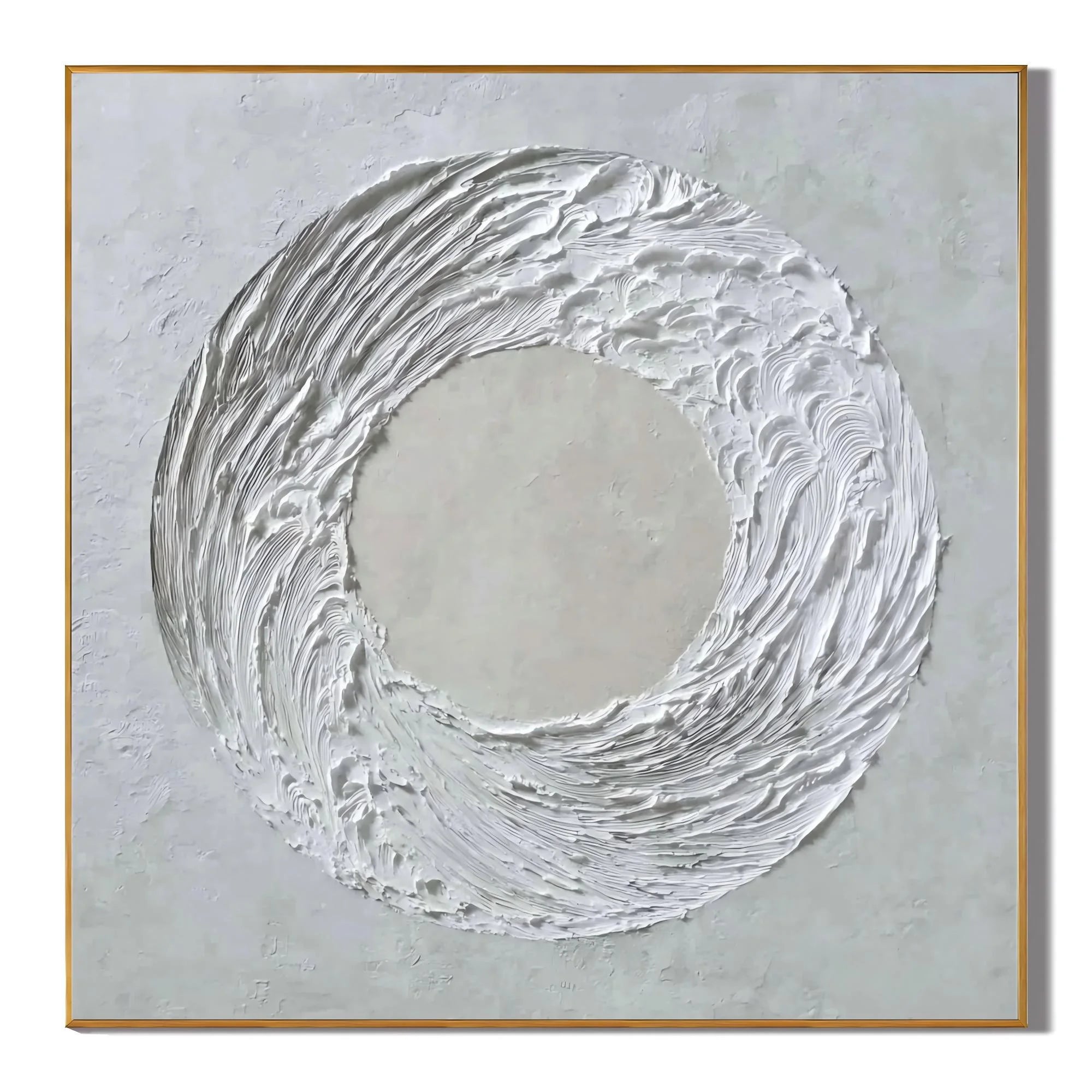 Ownanart Original Hand-Painted White Circular Textured Abstract Oil Painting, Modern Minimalist Swirl Wave Impasto Wall Art for Living Room, Bedroom and Entryway Decor # OA 1280