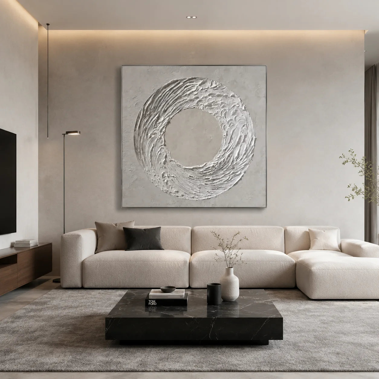 Ownanart Original Hand-Painted White Circular Textured Abstract Oil Painting, Modern Minimalist Swirl Wave Impasto Wall Art for Living Room, Bedroom and Entryway Decor # OA 1280