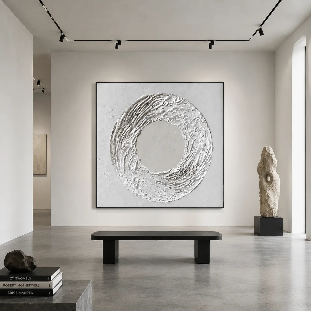Ownanart Original Hand-Painted White Circular Textured Abstract Oil Painting, Modern Minimalist Swirl Wave Impasto Wall Art for Living Room, Bedroom and Entryway Decor # OA 1280