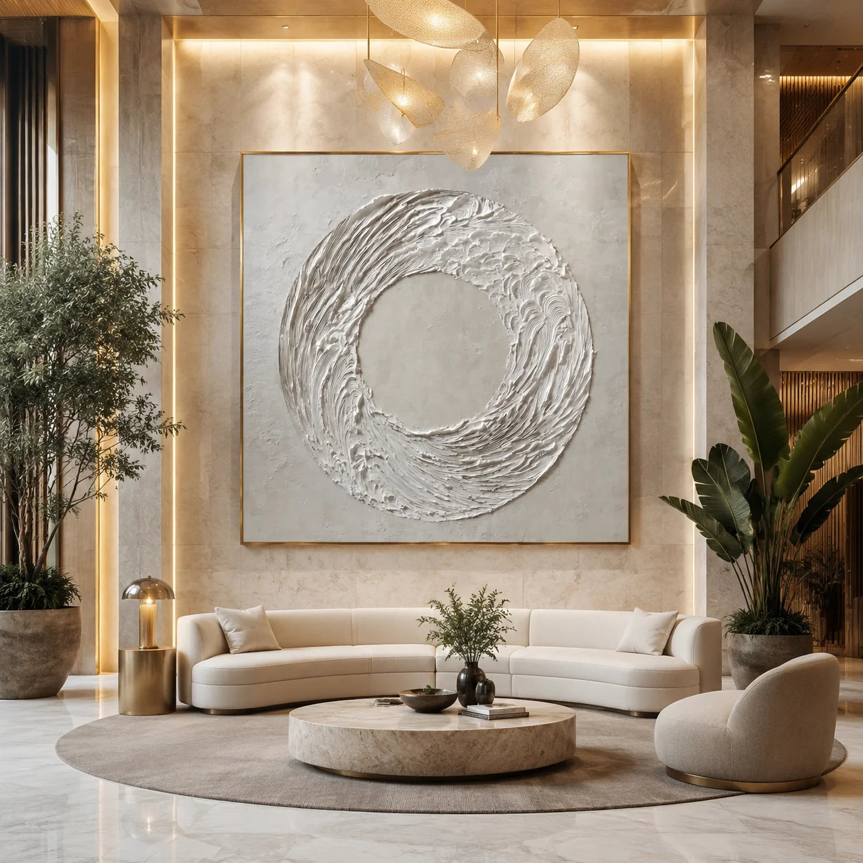 Ownanart Original Hand-Painted White Circular Textured Abstract Oil Painting, Modern Minimalist Swirl Wave Impasto Wall Art for Living Room, Bedroom and Entryway Decor # OA 1280