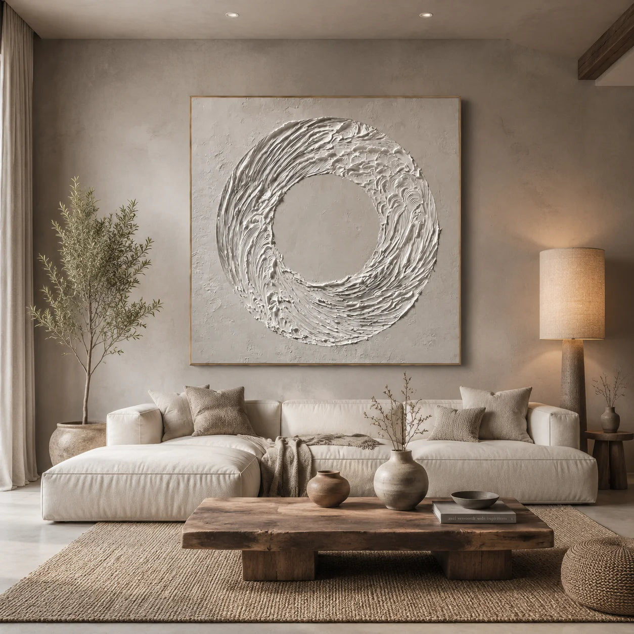 Ownanart Original Hand-Painted White Circular Textured Abstract Oil Painting, Modern Minimalist Swirl Wave Impasto Wall Art for Living Room, Bedroom and Entryway Decor # OA 1280