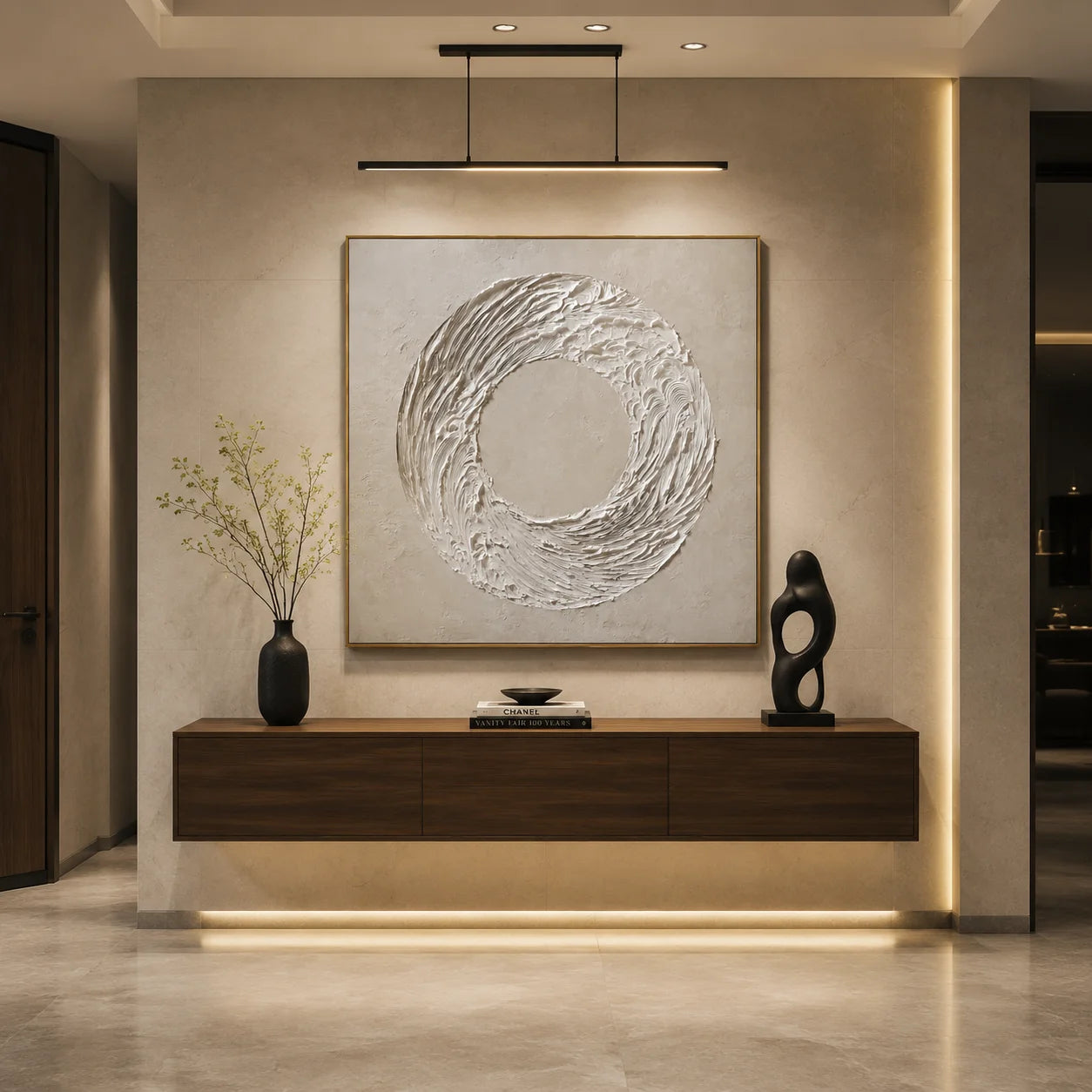 Ownanart Original Hand-Painted White Circular Textured Abstract Oil Painting, Modern Minimalist Swirl Wave Impasto Wall Art for Living Room, Bedroom and Entryway Decor # OA 1280