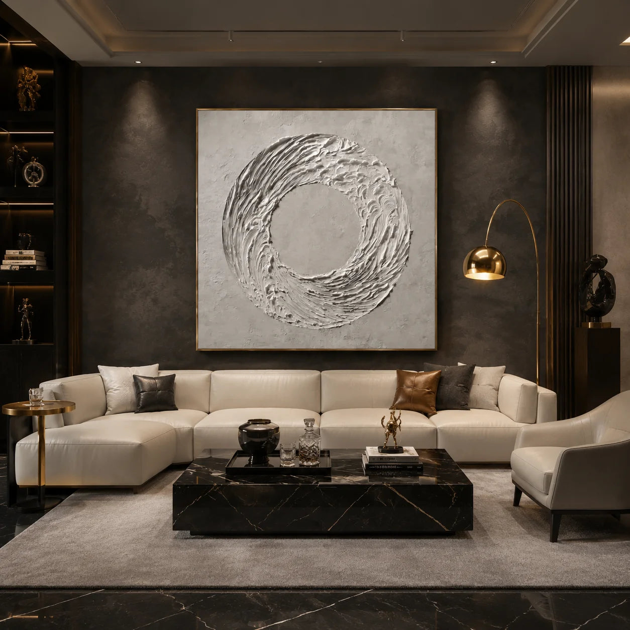 Ownanart Original Hand-Painted White Circular Textured Abstract Oil Painting, Modern Minimalist Swirl Wave Impasto Wall Art for Living Room, Bedroom and Entryway Decor # OA 1280