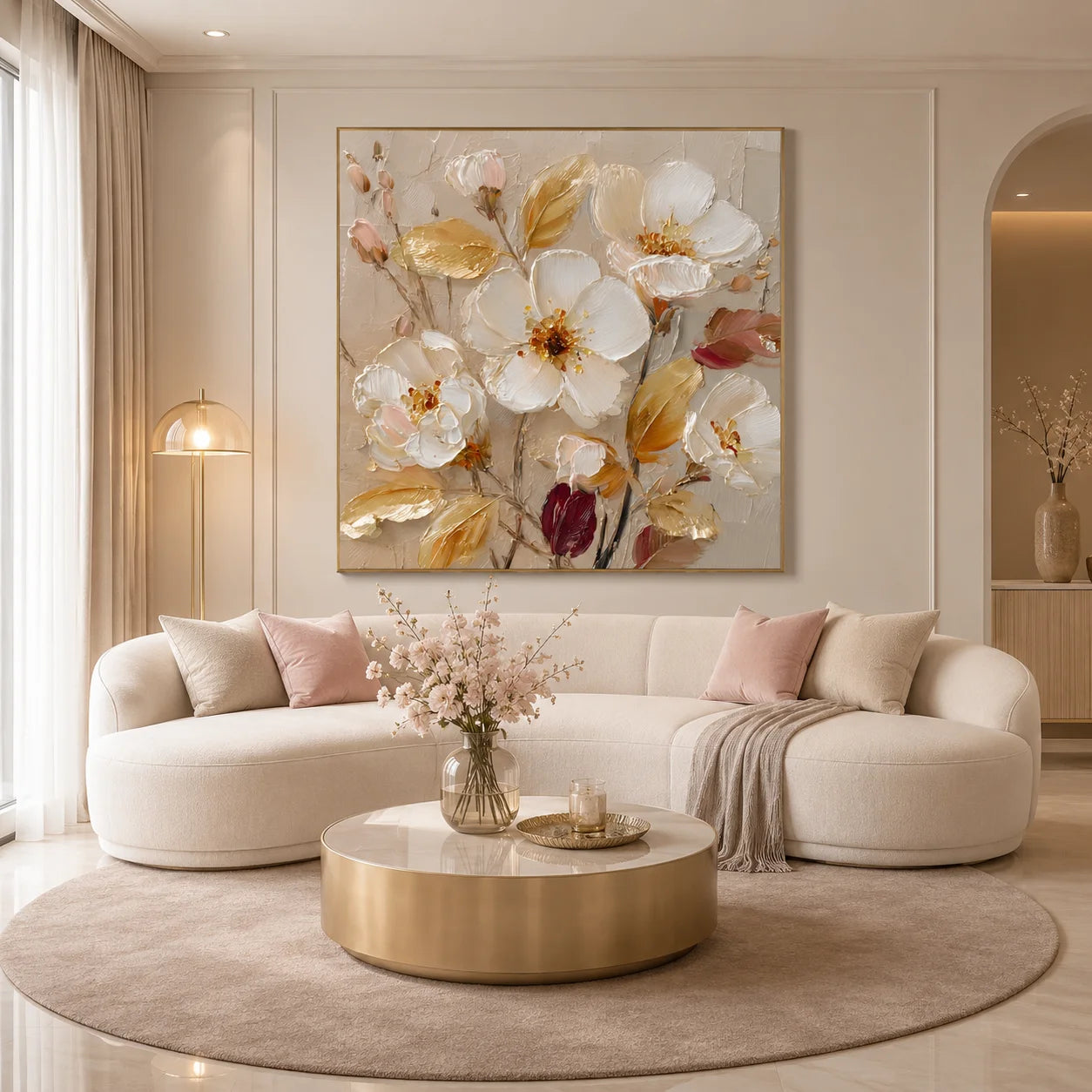 Ownanart Original Hand-Painted White Floral Impasto Oil Painting, Gold Leaves and Burgundy Buds Textured Wall Art for Modern Living Room, Bedroom and Entryway Decor # OA 1275