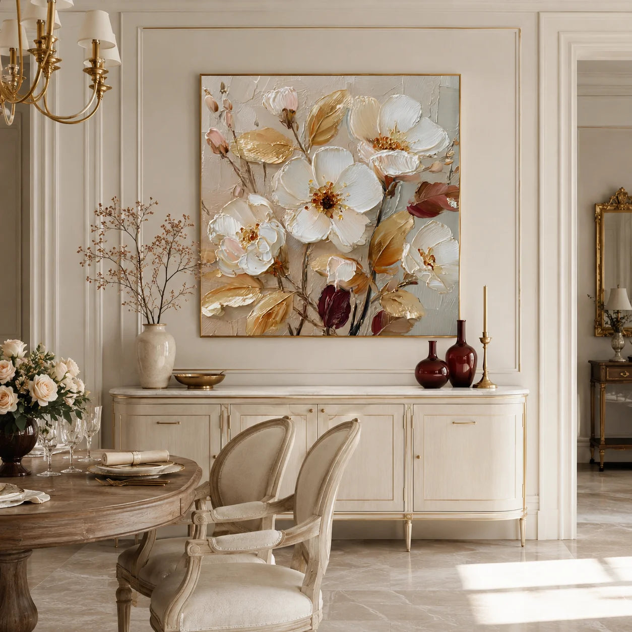 Ownanart Original Hand-Painted White Floral Impasto Oil Painting, Gold Leaves and Burgundy Buds Textured Wall Art for Modern Living Room, Bedroom and Entryway Decor # OA 1275