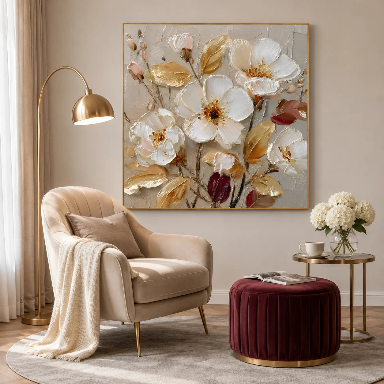 Ownanart Original Hand-Painted White Floral Impasto Oil Painting, Gold Leaves and Burgundy Buds Textured Wall Art for Modern Living Room, Bedroom and Entryway Decor # OA 1275