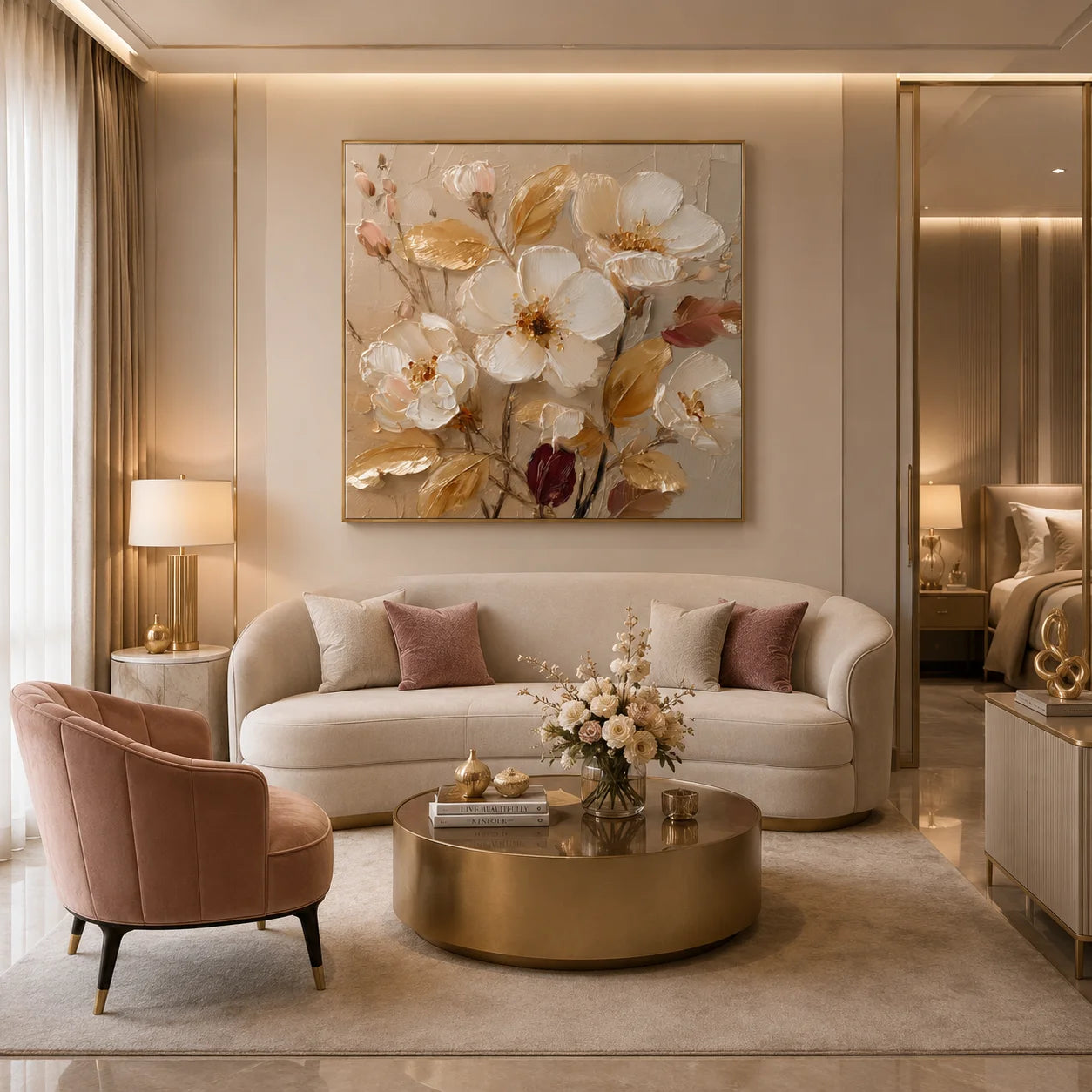 Ownanart Original Hand-Painted White Floral Impasto Oil Painting, Gold Leaves and Burgundy Buds Textured Wall Art for Modern Living Room, Bedroom and Entryway Decor # OA 1275