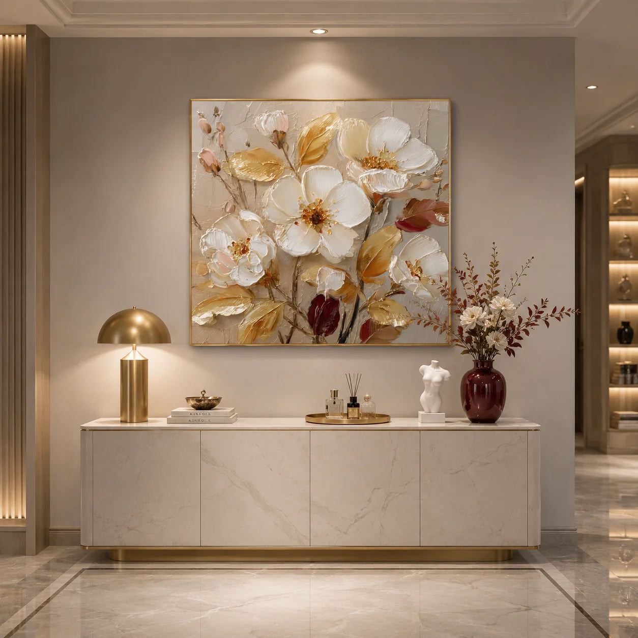 Ownanart Original Hand-Painted White Floral Impasto Oil Painting, Gold Leaves and Burgundy Buds Textured Wall Art for Modern Living Room, Bedroom and Entryway Decor # OA 1275