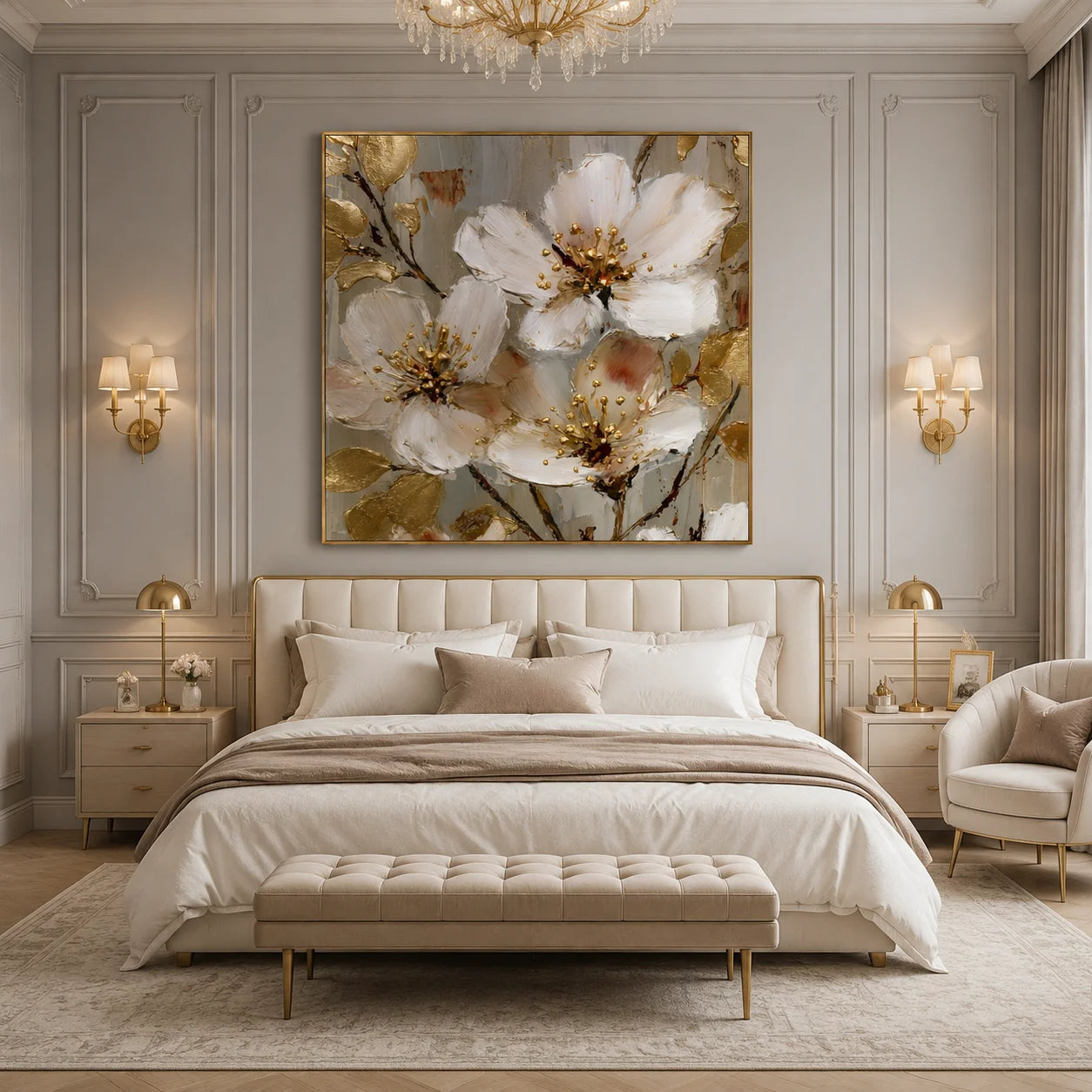 Ownanart Original Hand-Painted White Floral Impasto Oil Painting with Gold Leaves, Modern Luxury Textured Botanical Wall Art for Living Room and Bedroom Decor # OA 1258