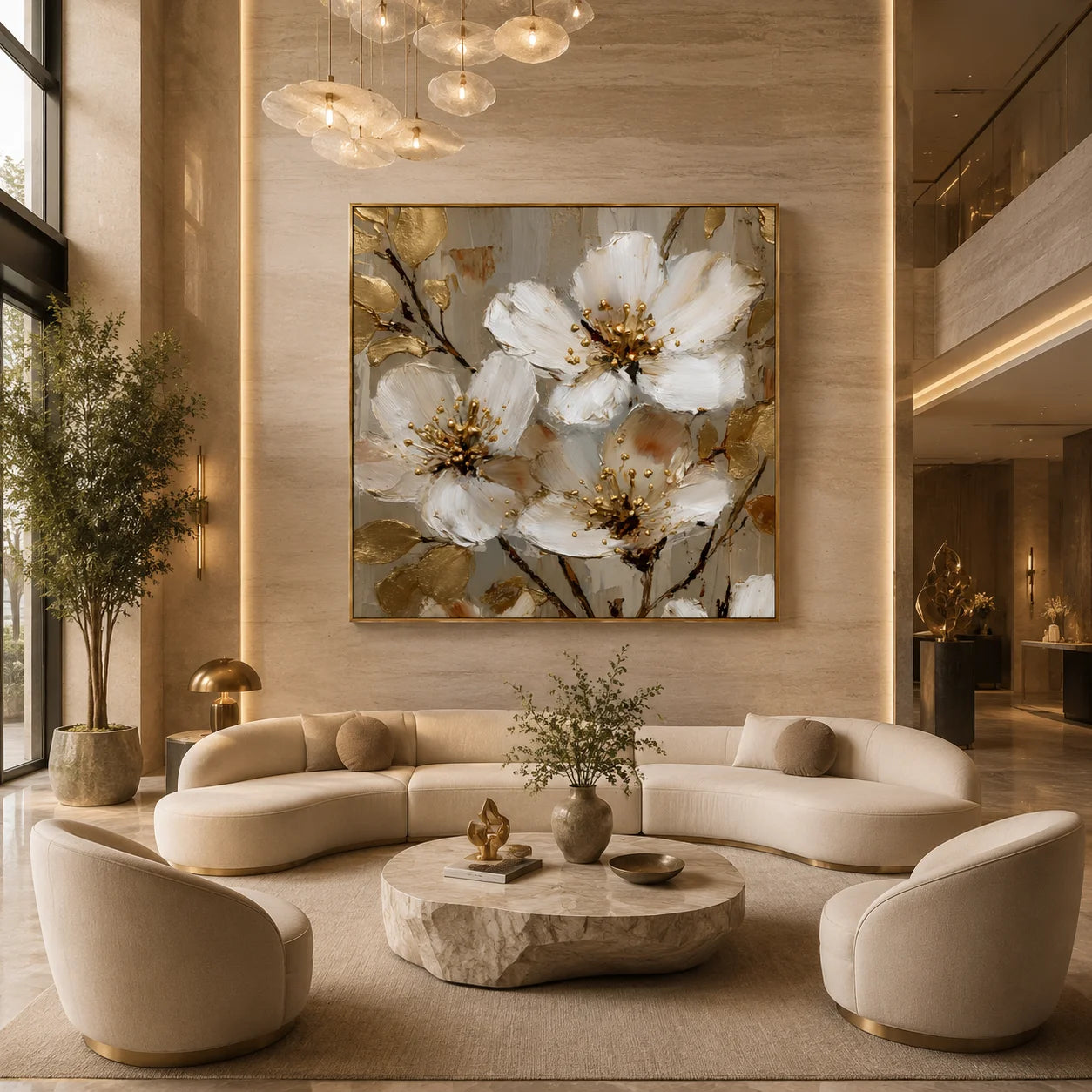Ownanart Original Hand-Painted White Floral Impasto Oil Painting with Gold Leaves, Modern Luxury Textured Botanical Wall Art for Living Room and Bedroom Decor # OA 1258
