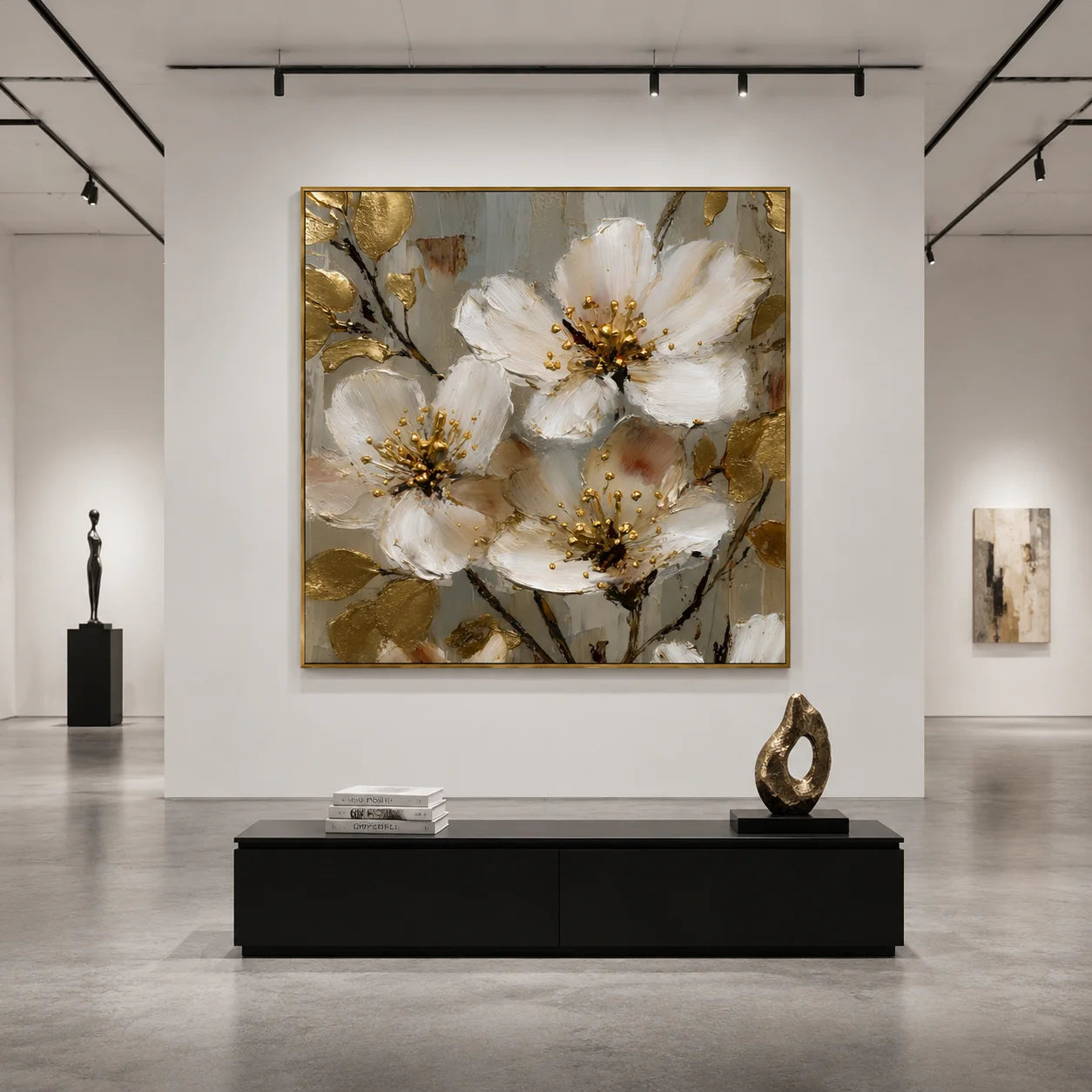 Ownanart Original Hand-Painted White Floral Impasto Oil Painting with Gold Leaves, Modern Luxury Textured Botanical Wall Art for Living Room and Bedroom Decor # OA 1258