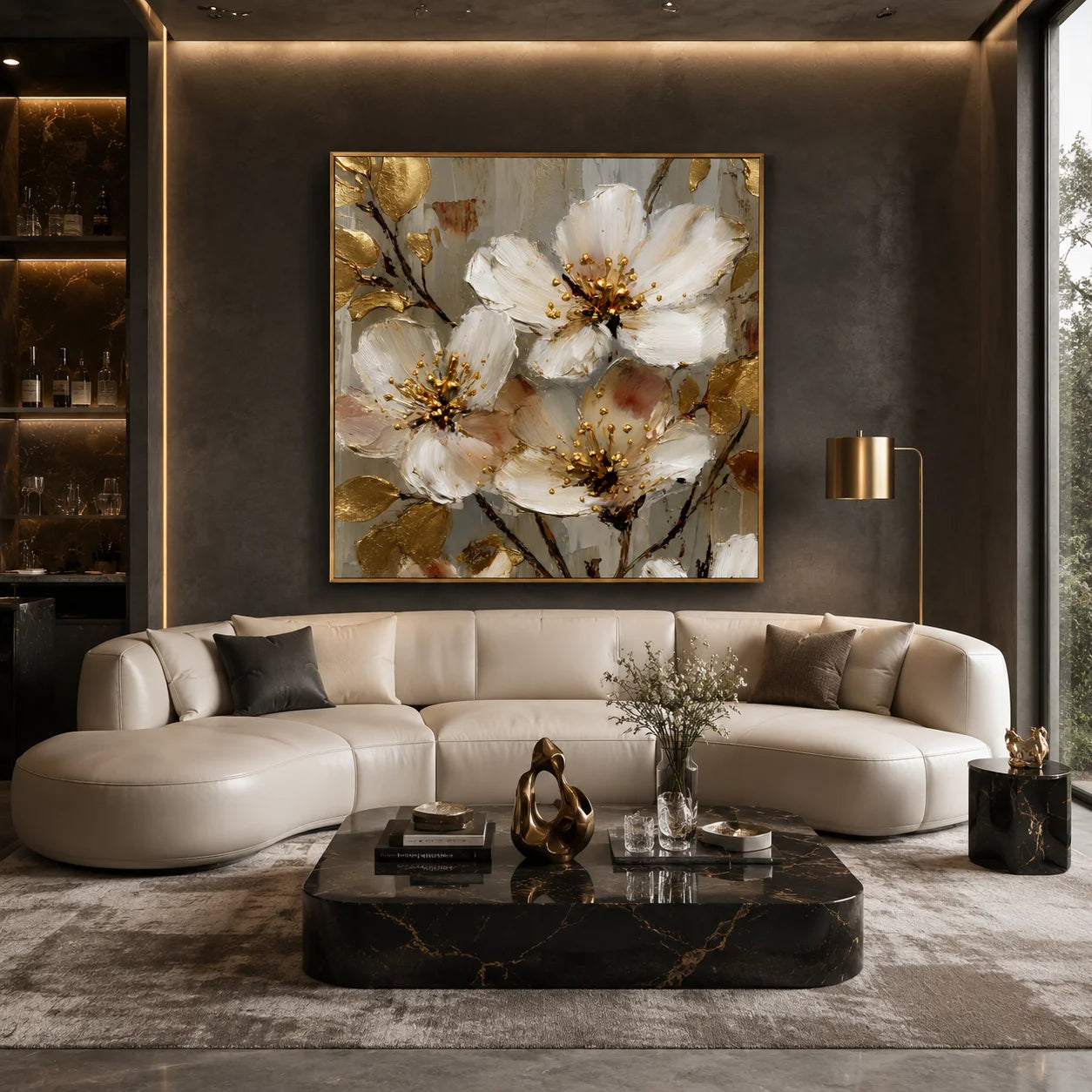 Ownanart Original Hand-Painted White Floral Impasto Oil Painting with Gold Leaves, Modern Luxury Textured Botanical Wall Art for Living Room and Bedroom Decor # OA 1258