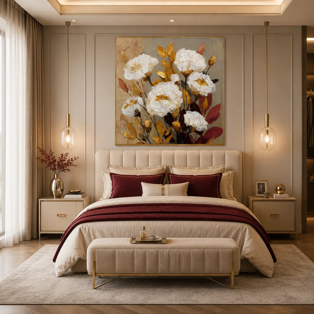 Ownanart Original Hand-Painted White Peony Floral Impasto Oil Painting, Gold and Burgundy Leaf Textured Wall Art for Living Room, Bedroom and Entryway Decor # OA 1274