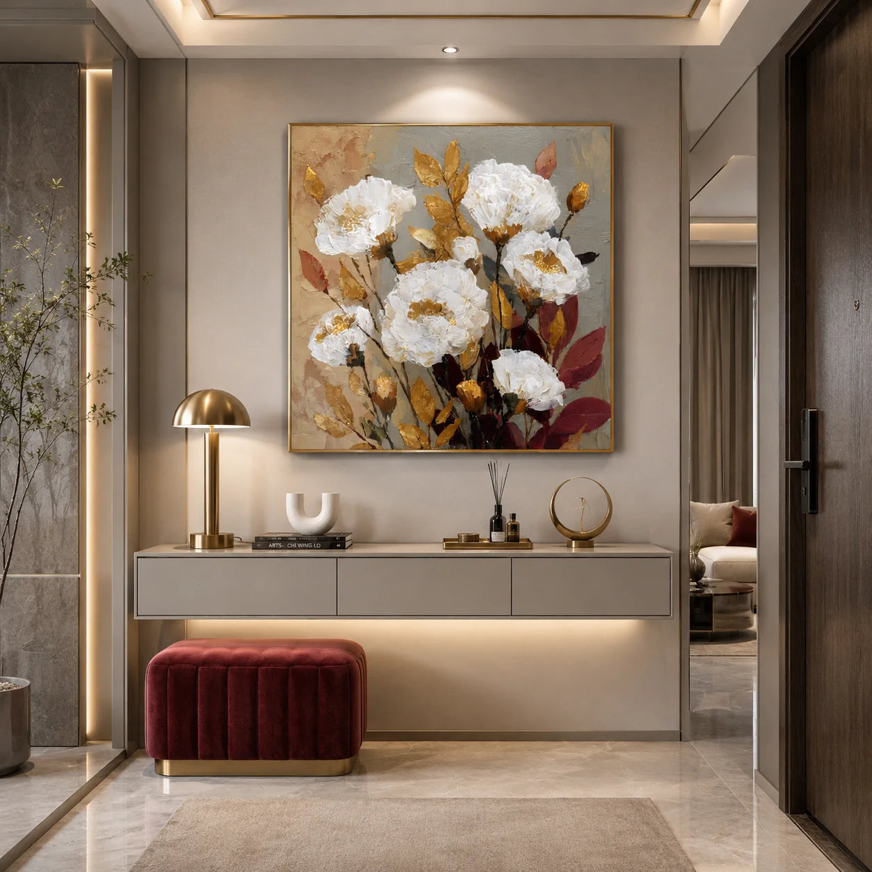 Ownanart Original Hand-Painted White Peony Floral Impasto Oil Painting, Gold and Burgundy Leaf Textured Wall Art for Living Room, Bedroom and Entryway Decor # OA 1274