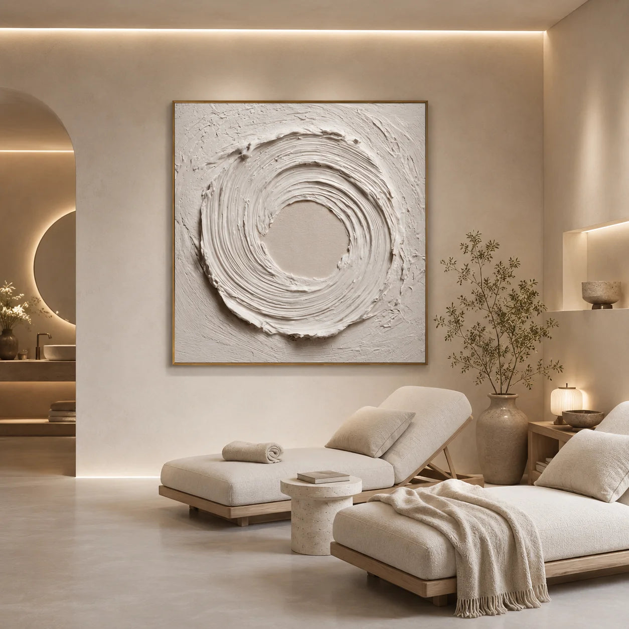 Ownanart Original Hand-Painted White Textured Abstract Oil Painting, Modern Minimalist Circular Swirl Impasto Wall Art with Cream Neutral Relief Texture # OA 1269