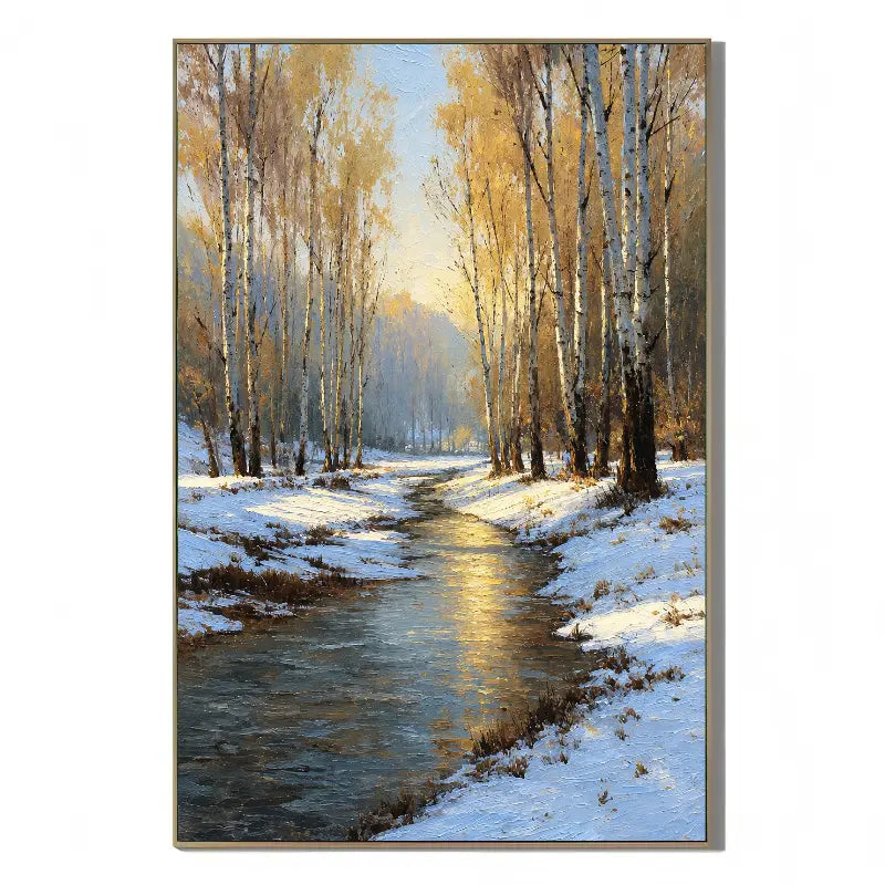 Ownanart Original Hand-Painted Winter Birch Forest Oil Painting, Snowy Woodland Stream Landscape Canvas Wall Art for Living Room, Bedroom & Nature-Inspired Home Decor # OA 1384