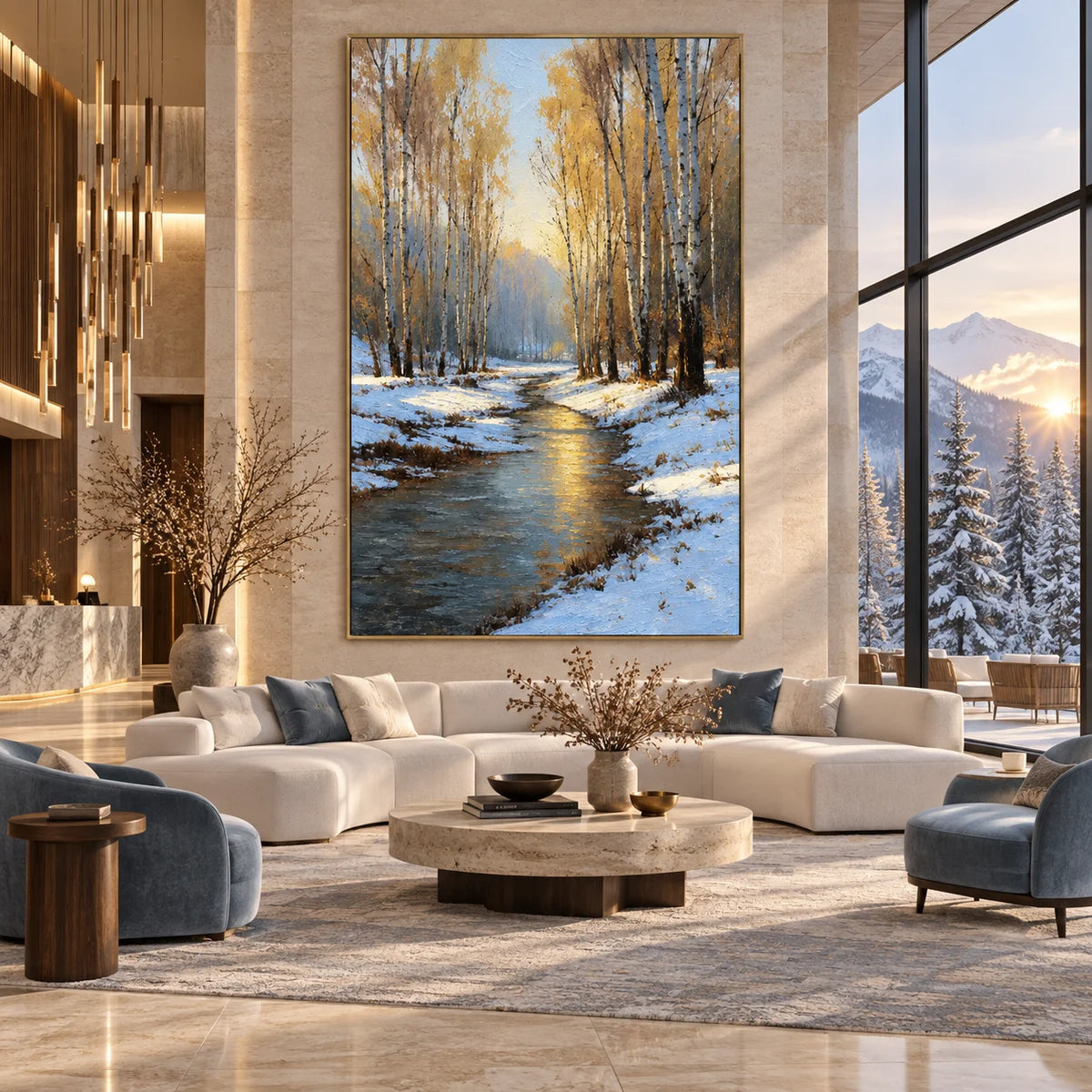 Ownanart Original Hand-Painted Winter Birch Forest Oil Painting, Snowy Woodland Stream Landscape Canvas Wall Art for Living Room, Bedroom & Nature-Inspired Home Decor # OA 1384