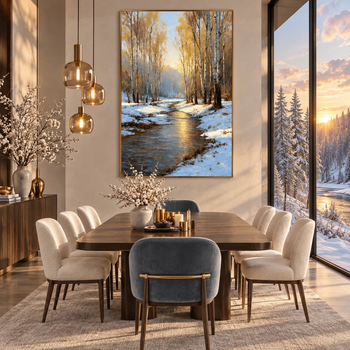 Ownanart Original Hand-Painted Winter Birch Forest Oil Painting, Snowy Woodland Stream Landscape Canvas Wall Art for Living Room, Bedroom & Nature-Inspired Home Decor # OA 1384