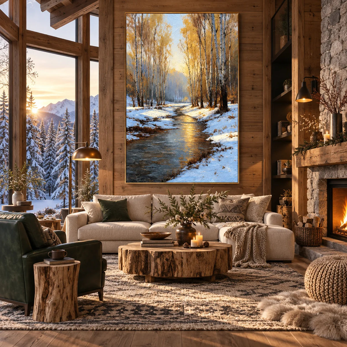 Ownanart Original Hand-Painted Winter Birch Forest Oil Painting, Snowy Woodland Stream Landscape Canvas Wall Art for Living Room, Bedroom & Nature-Inspired Home Decor # OA 1384