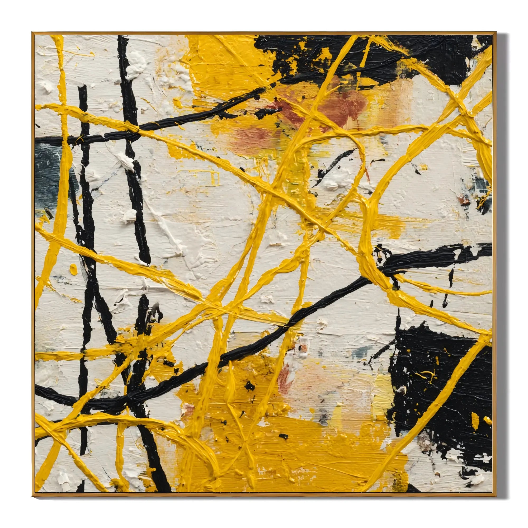Ownanart Original Hand-Painted Yellow Black and White Abstract Impasto Oil Painting, Dynamic Line and Splatter Textured Wall Art for Living Room, Bedroom and Office Decor # OA 1280