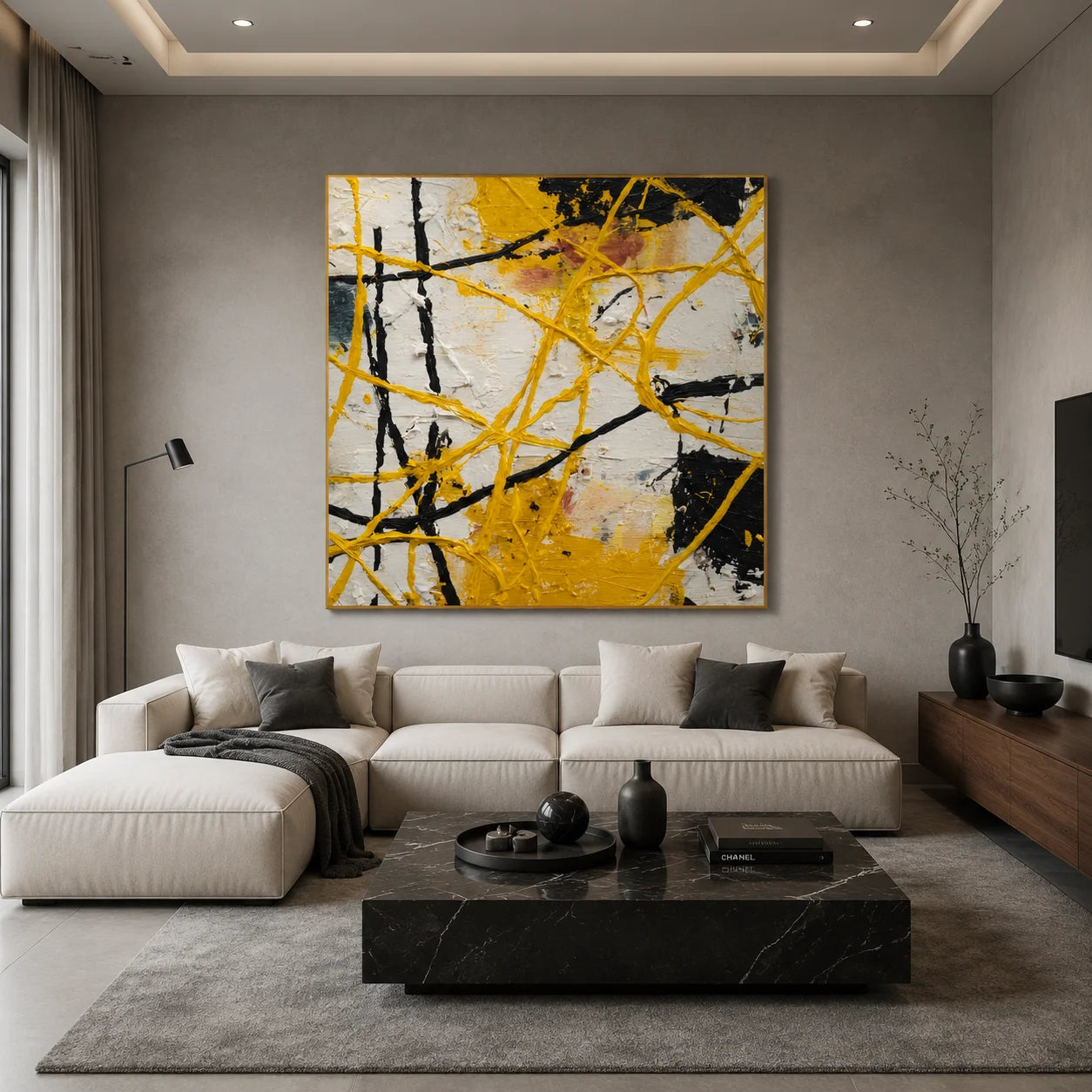 Ownanart Original Hand-Painted Yellow Black and White Abstract Impasto Oil Painting, Dynamic Line and Splatter Textured Wall Art for Living Room, Bedroom and Office Decor # OA 1280