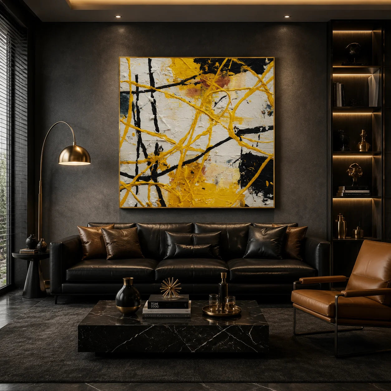 Ownanart Original Hand-Painted Yellow Black and White Abstract Impasto Oil Painting, Dynamic Line and Splatter Textured Wall Art for Living Room, Bedroom and Office Decor # OA 1280