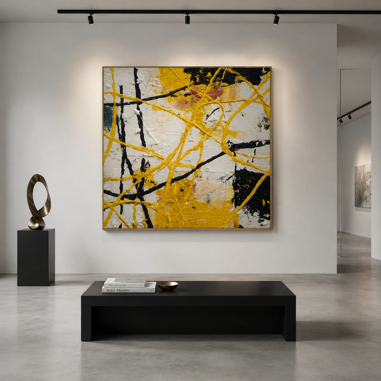 Ownanart Original Hand-Painted Yellow Black and White Abstract Impasto Oil Painting, Dynamic Line and Splatter Textured Wall Art for Living Room, Bedroom and Office Decor # OA 1280