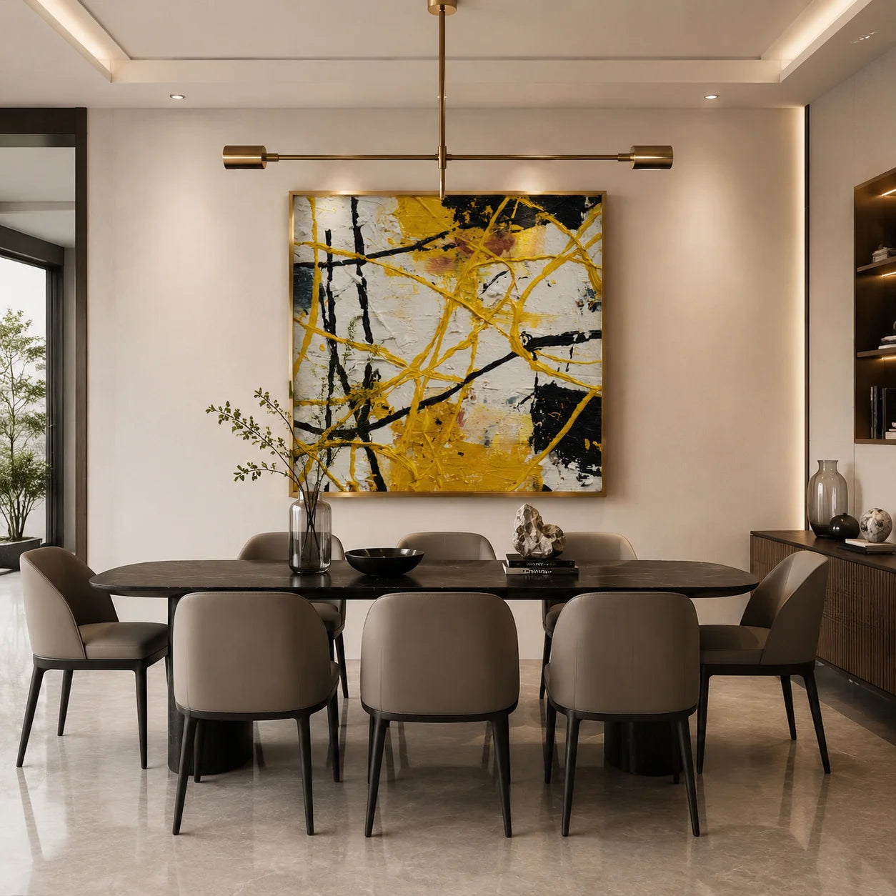 Ownanart Original Hand-Painted Yellow Black and White Abstract Impasto Oil Painting, Dynamic Line and Splatter Textured Wall Art for Living Room, Bedroom and Office Decor # OA 1280