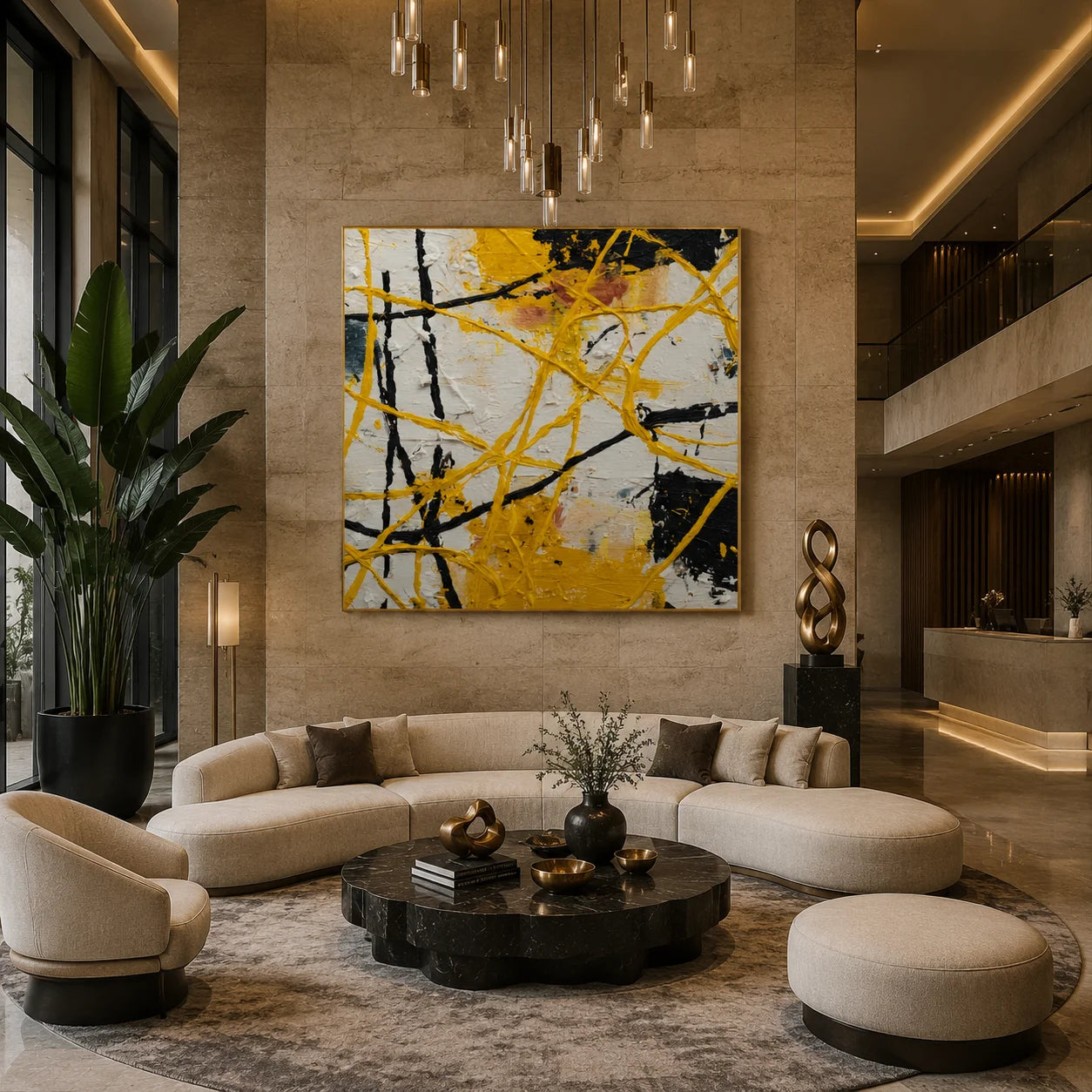 Ownanart Original Hand-Painted Yellow Black and White Abstract Impasto Oil Painting, Dynamic Line and Splatter Textured Wall Art for Living Room, Bedroom and Office Decor # OA 1280