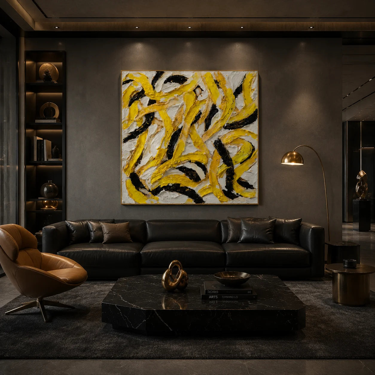 Ownanart Original Hand-Painted Yellow Black and White Abstract Impasto Oil Painting, Modern Minimalist Curved Brushstroke Textured Wall Art for Living Room, Bedroom and Office Decor # OA 1281