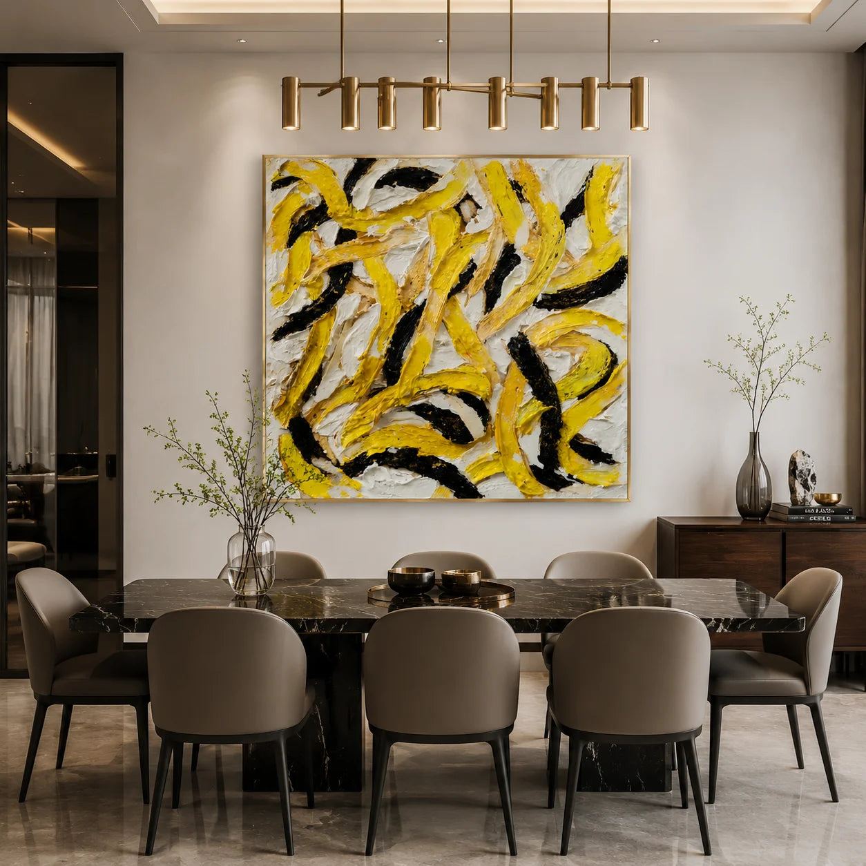 Ownanart Original Hand-Painted Yellow Black and White Abstract Impasto Oil Painting, Modern Minimalist Curved Brushstroke Textured Wall Art for Living Room, Bedroom and Office Decor # OA 1281