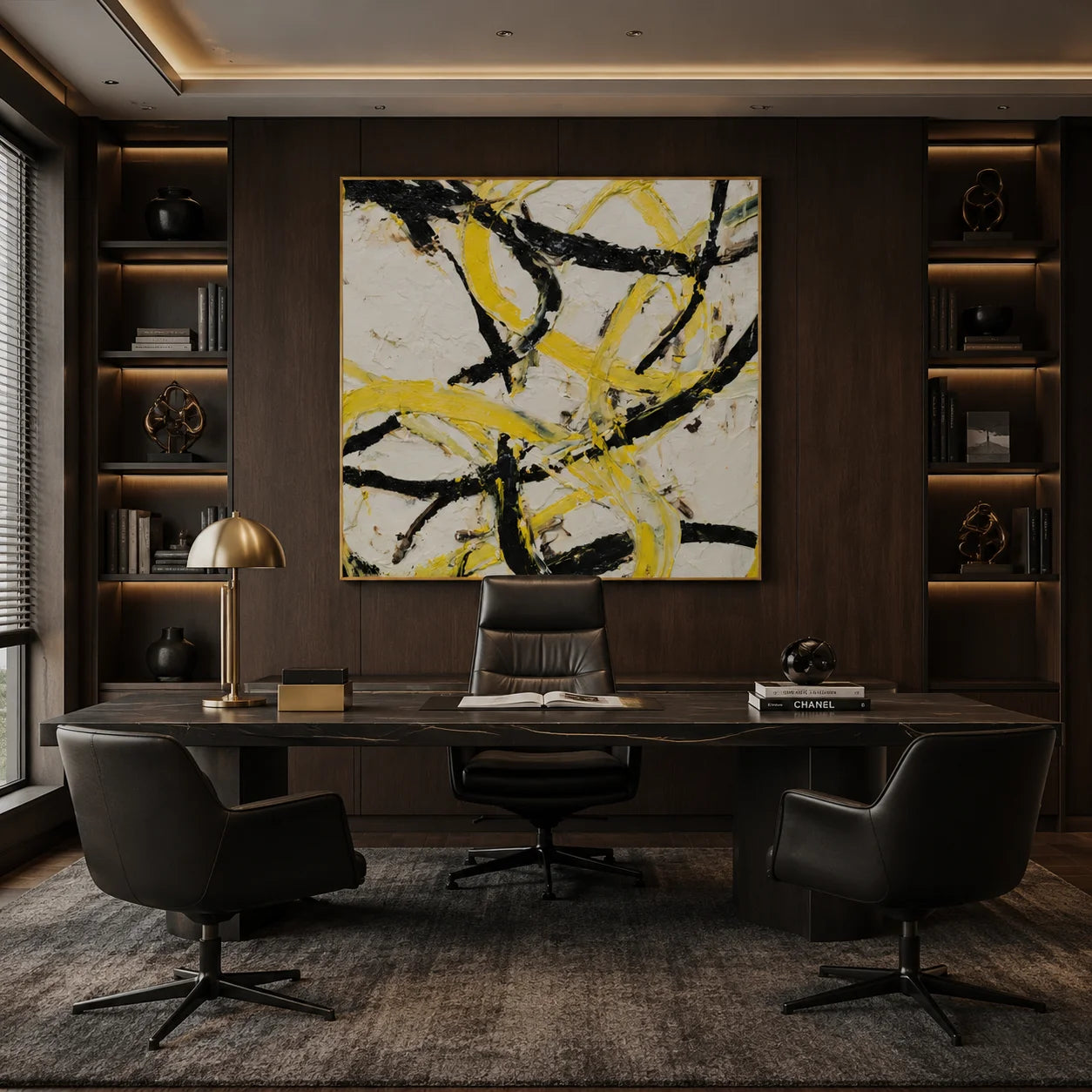 Ownanart Original Hand-Painted Yellow Black and White Abstract Impasto Oil Painting, Modern Minimalist Flowing Curved Brushstroke Textured Wall Art for Living Room, Bedroom and Office Decor # OA 1282